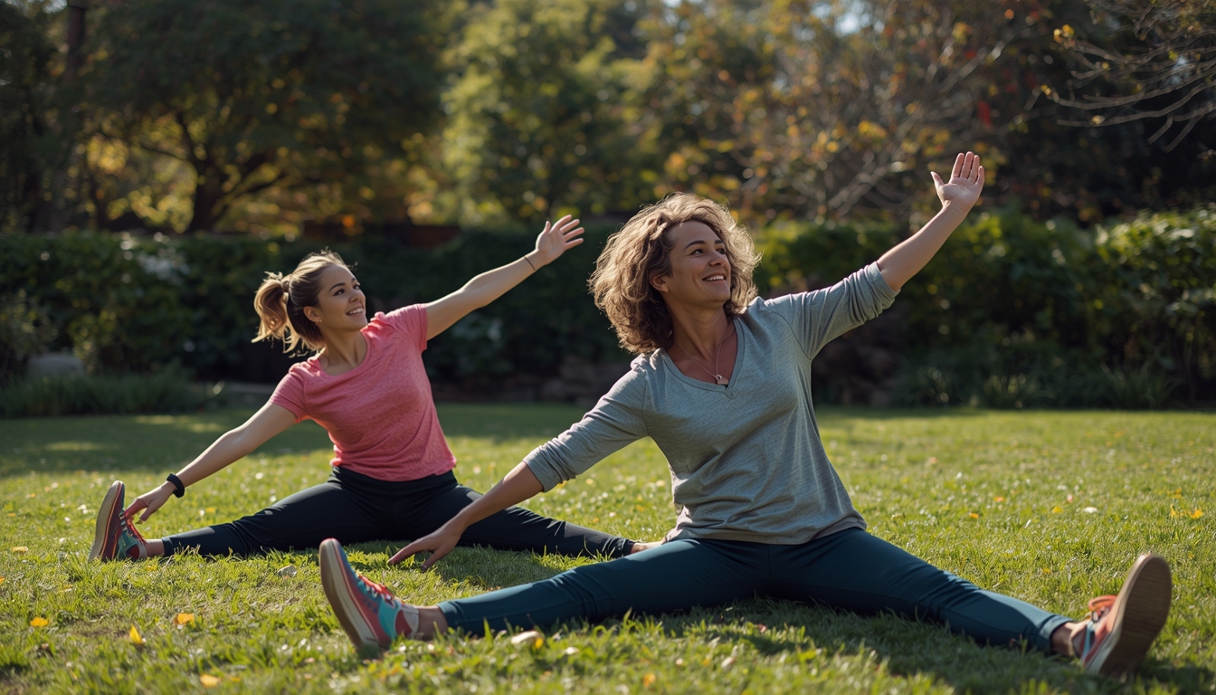 Phythraxchodyrex friends stretching outdoors